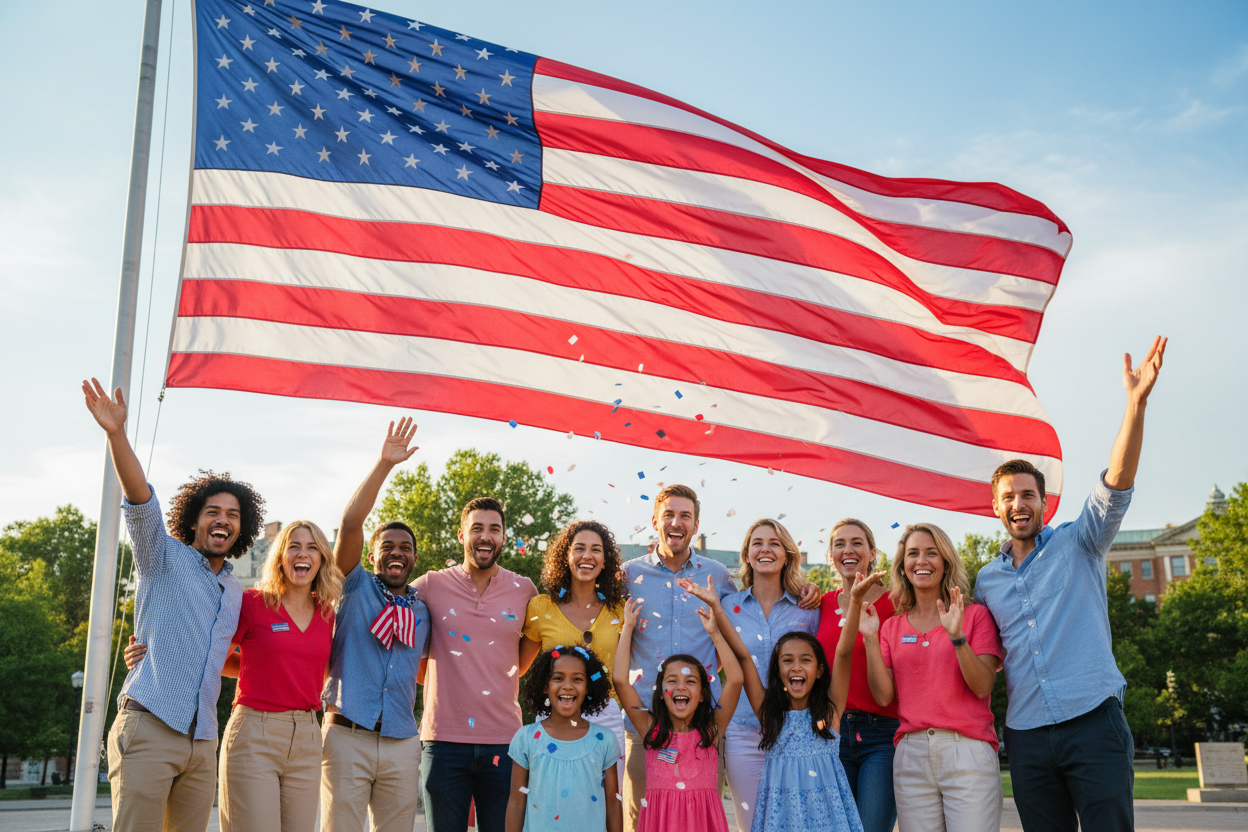 Happy People with American Flag